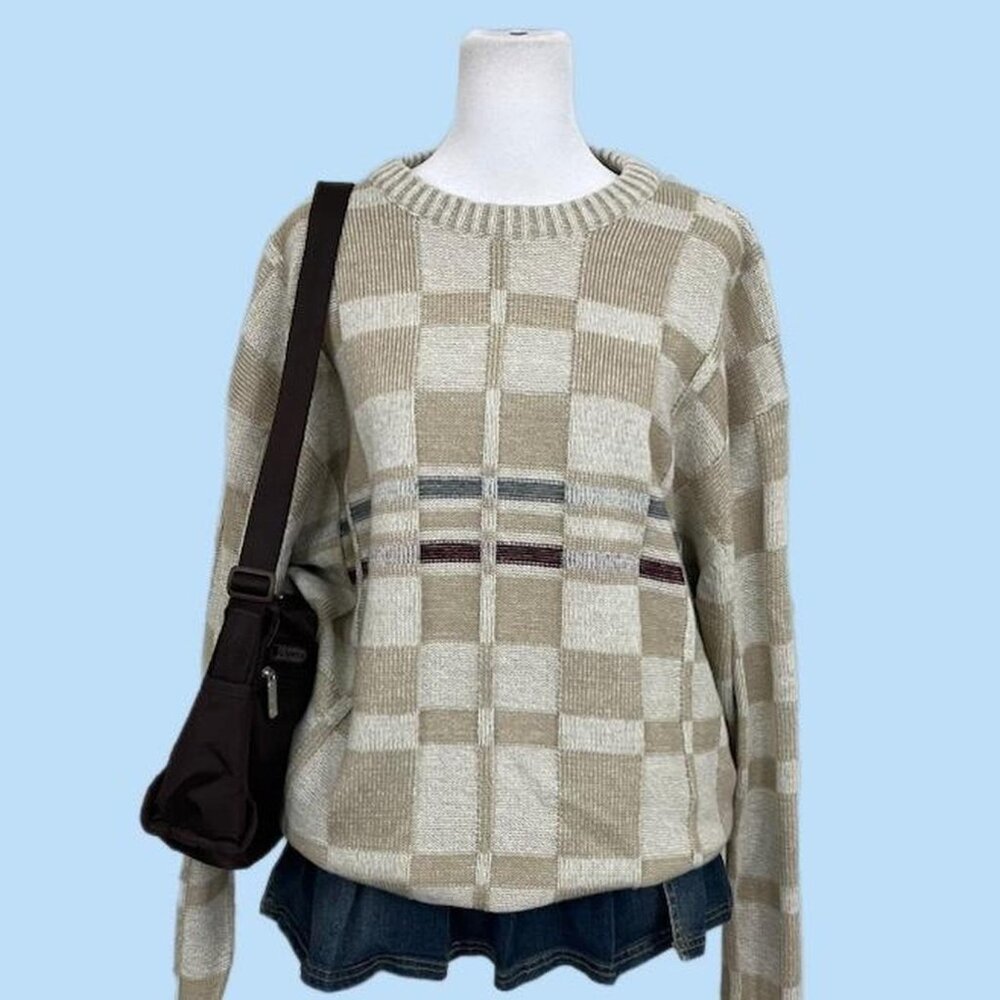 beige checkered vintage knit Crewneck sweater quirky indie grandpa